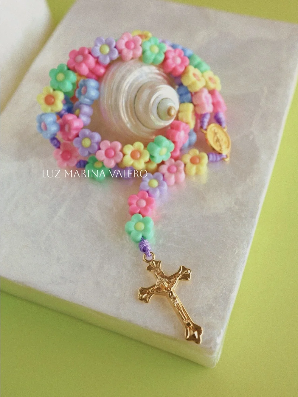 Kids Pastel Flower Bead Rosary Necklace with Gold Cross